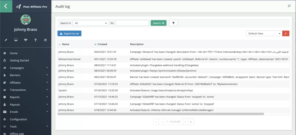 Post Affiliate Pro - Registro de auditoria