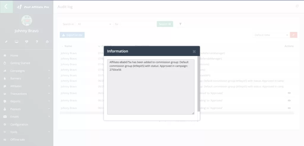 Informações do registro de auditoria no Post Affiliate Pro