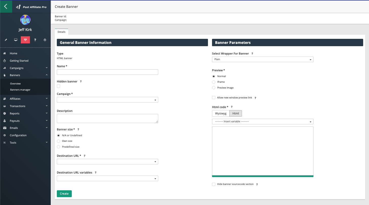Post Affiliate Pro - Página de criação de banner