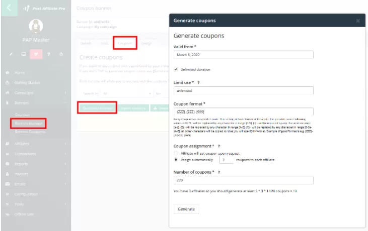 Post Affiliate Pro - Gerar um cupom