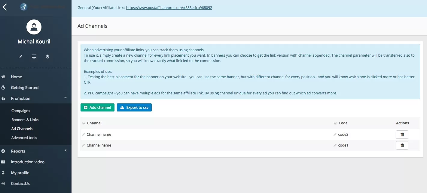 Adicionar rastreamento de canal no Post Affiliate Pro