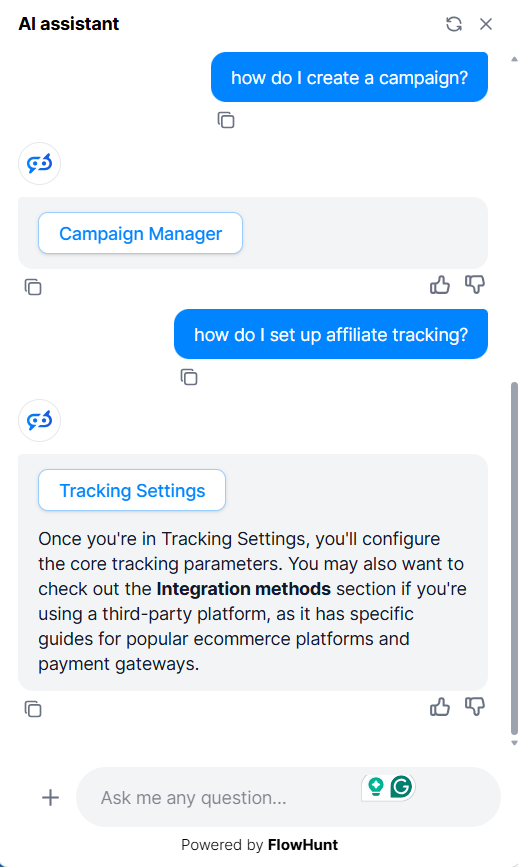 AI Assistant chatbot inside Post Affiliate Pro dashboard answering user's questions