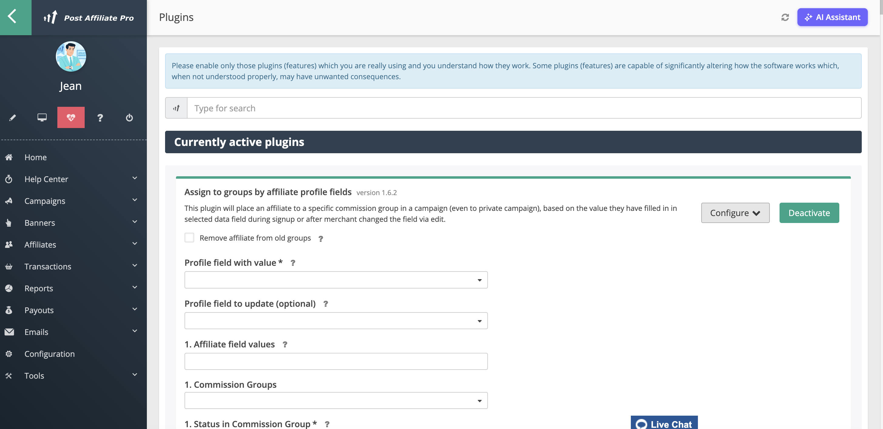 Post Affiliate Pro - Configuração do plugin Assign to Groups by Profile Fields