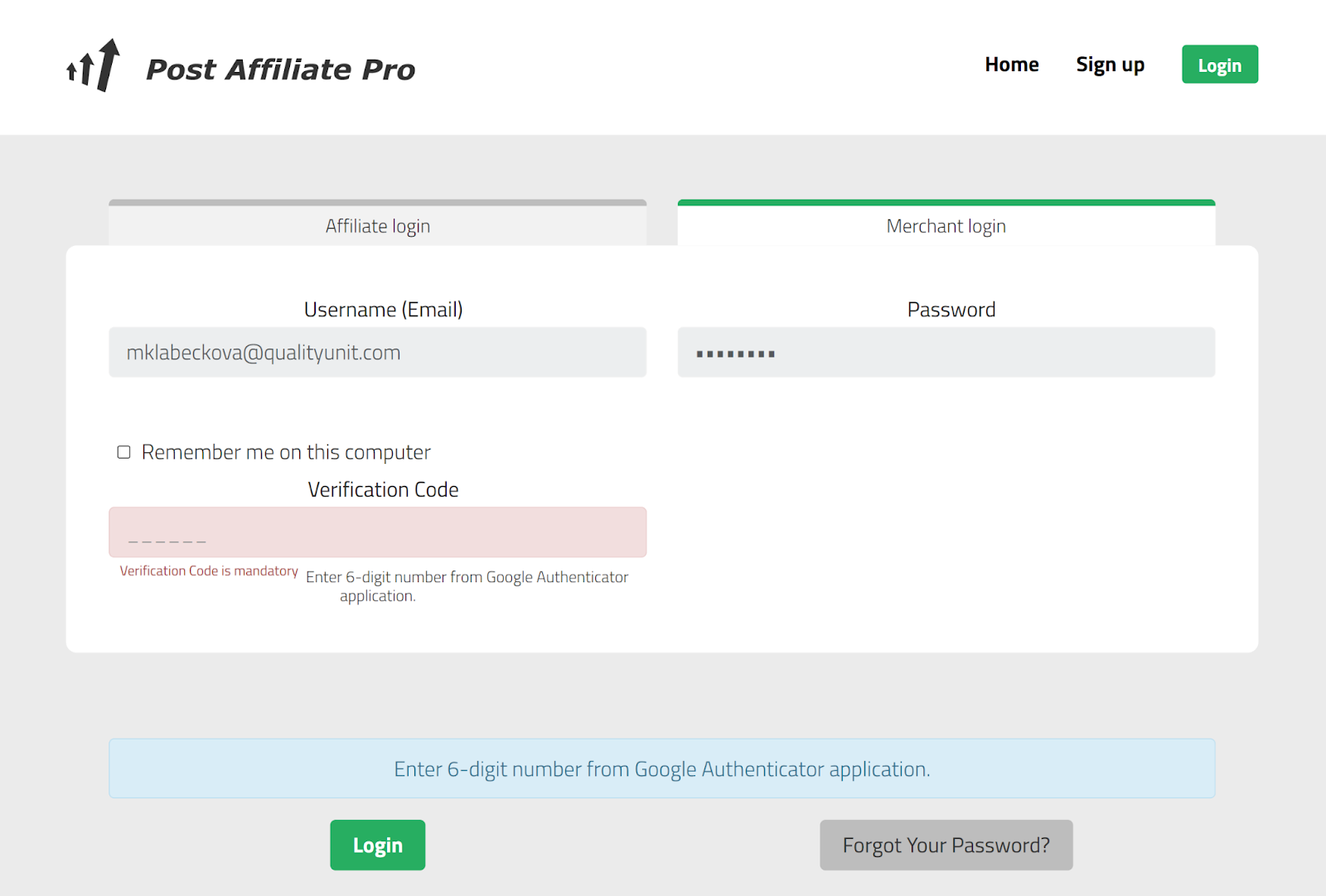 Página de login do comerciante do Post Affiliate Pro com autenticação de dois fatores habilitada