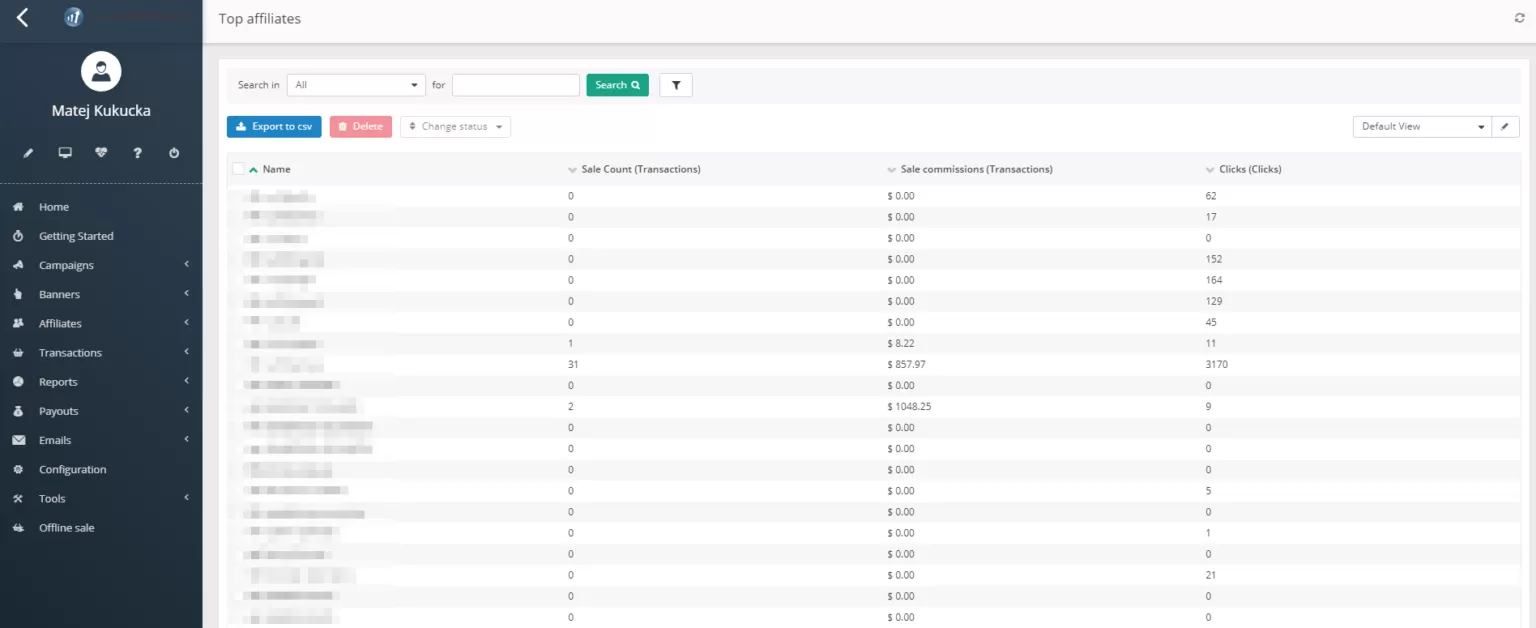 Relatórios do Post Affiliate Pro - melhores afiliados