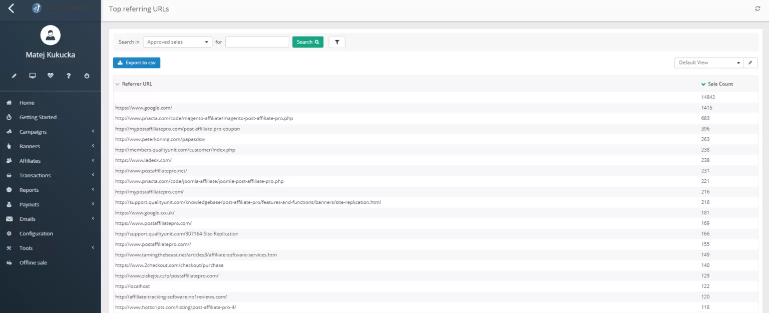 Relatórios do Post Affiliate Pro - melhores URLs de referência