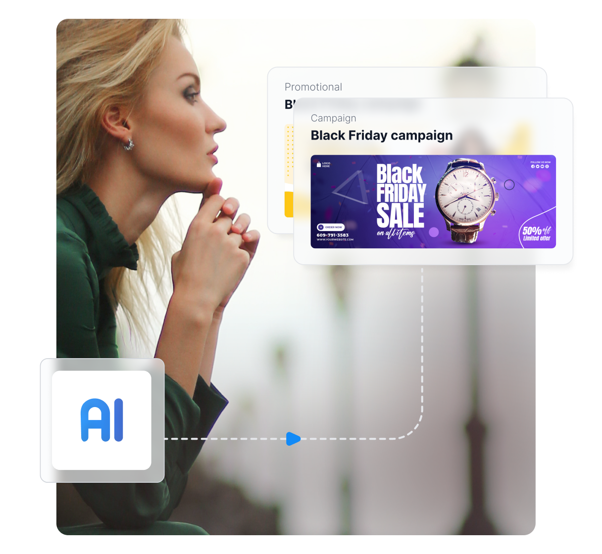 Painel de IA em um smartphone mostrando banners de afiliados e gráficos de desempenho (CTR, conversões)