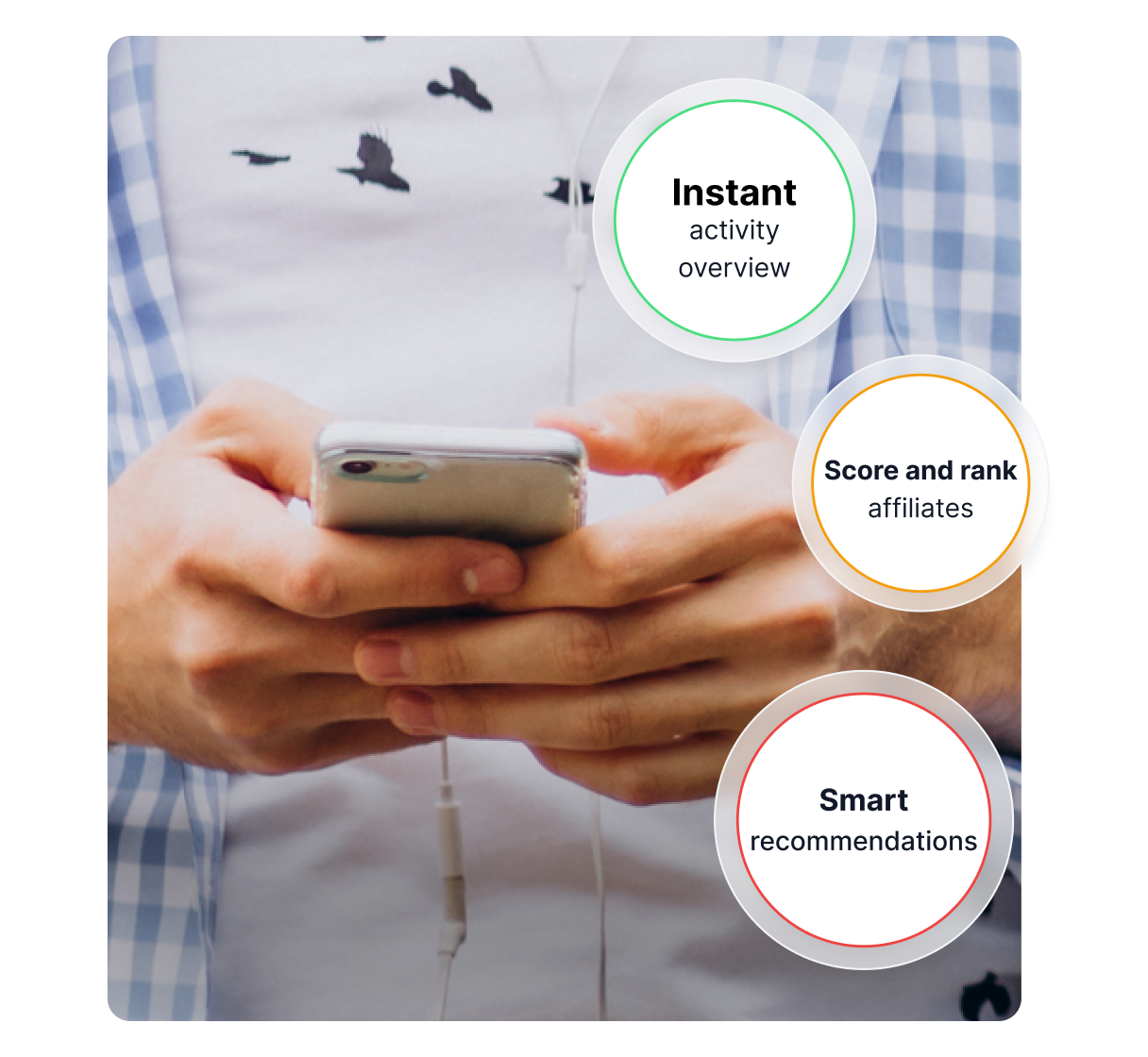Painel de smartphone mostrando avaliação de afiliados impulsionada por IA.
