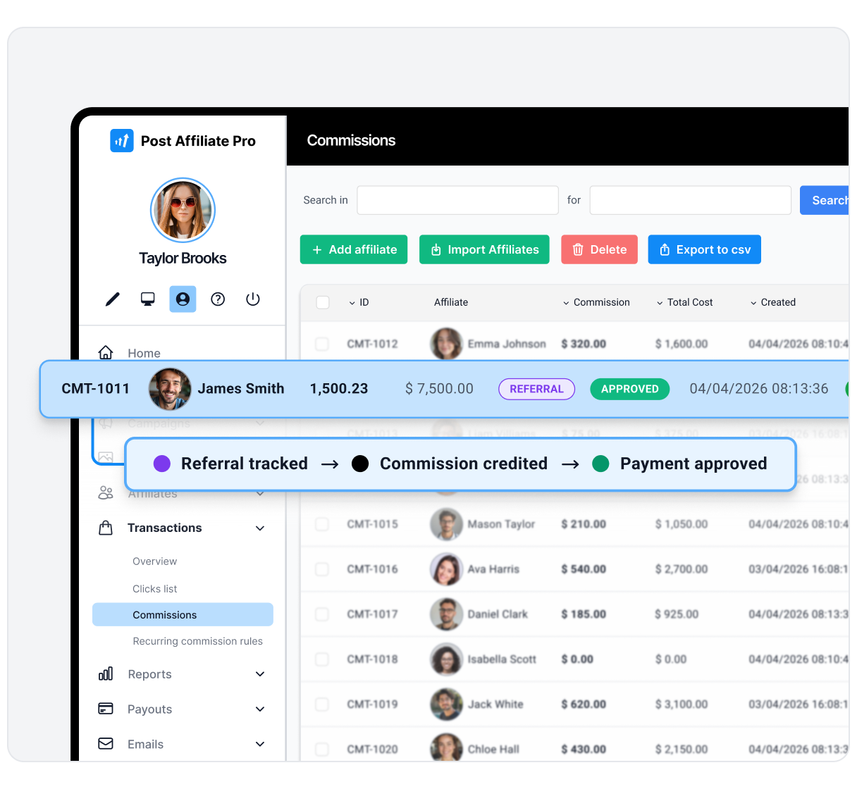 Aplicativo de rastreamento de afiliados mostrando cliques, conversões e atribuição precisa de comissão.