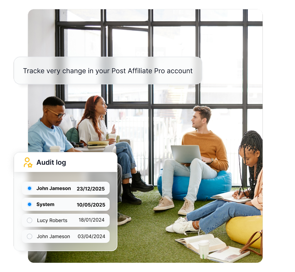 Função de registro de auditoria no Post Affiliate Pro mostrando o acompanhamento detalhado das atividades e transações de afiliados.