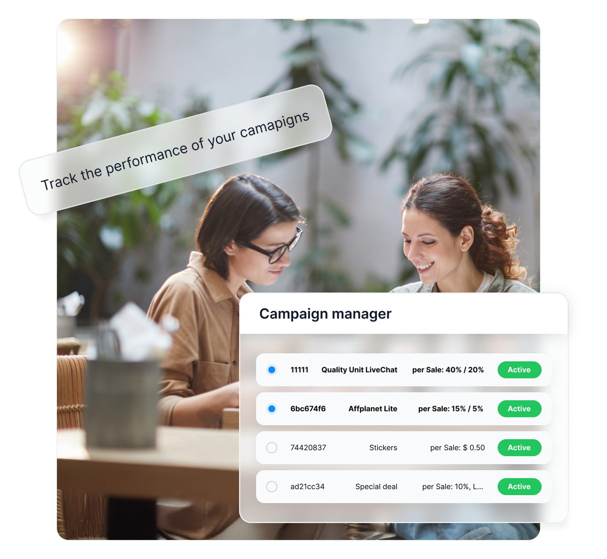 Recurso de relatórios de campanhas no Post Affiliate Pro mostrando métricas de desempenho para afiliados e materiais promocionais.
