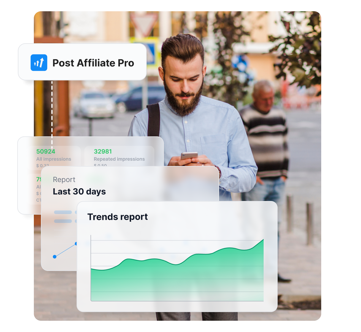 Um infográfico mostrando as áreas em que o Post Affiliate Pro pode ajudar você, como identificar o público, criar estruturas de comissão, entre outros.