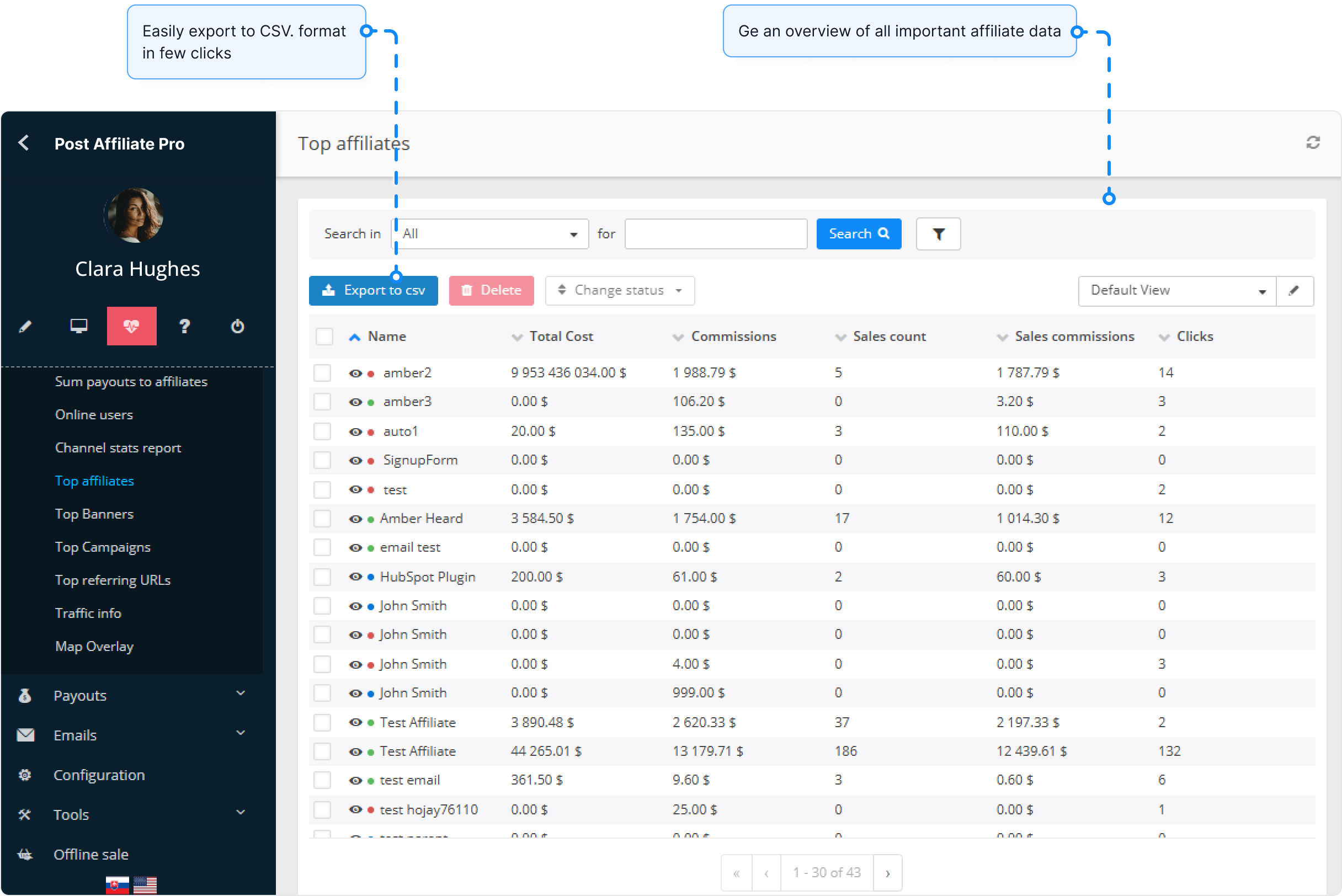 Visão geral do recurso de relatórios no Post Affiliate Pro.