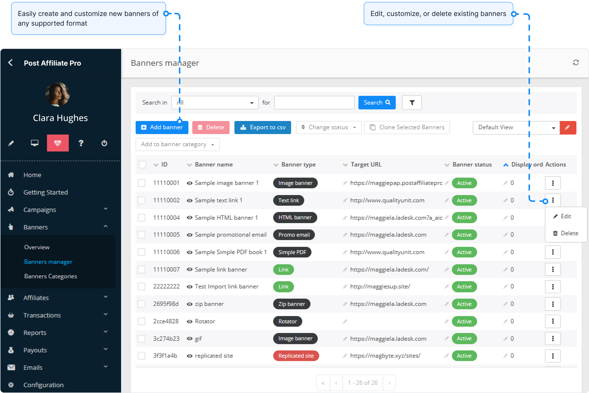 Visão geral do recurso Gerenciador de Banners no Post Affiliate Pro.