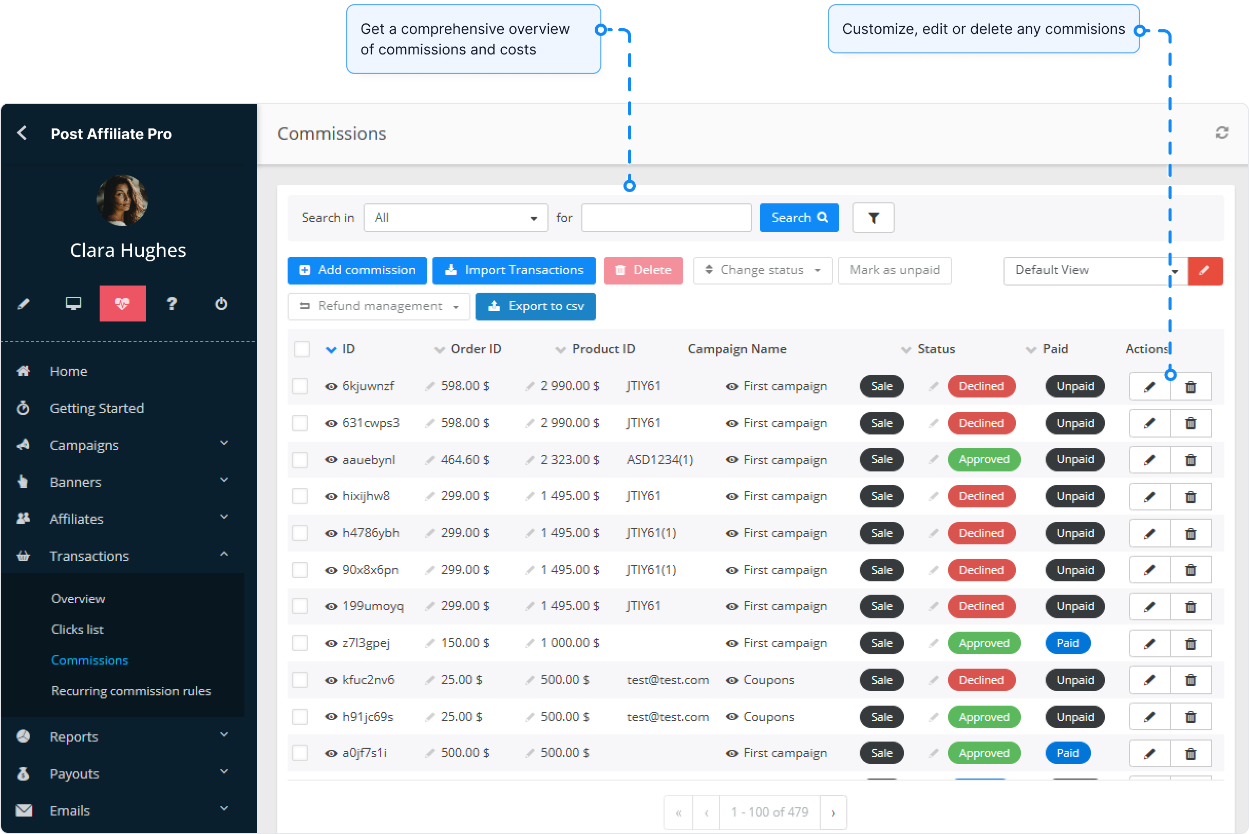 Visão geral do recurso Comissões no Post Affiliate Pro.