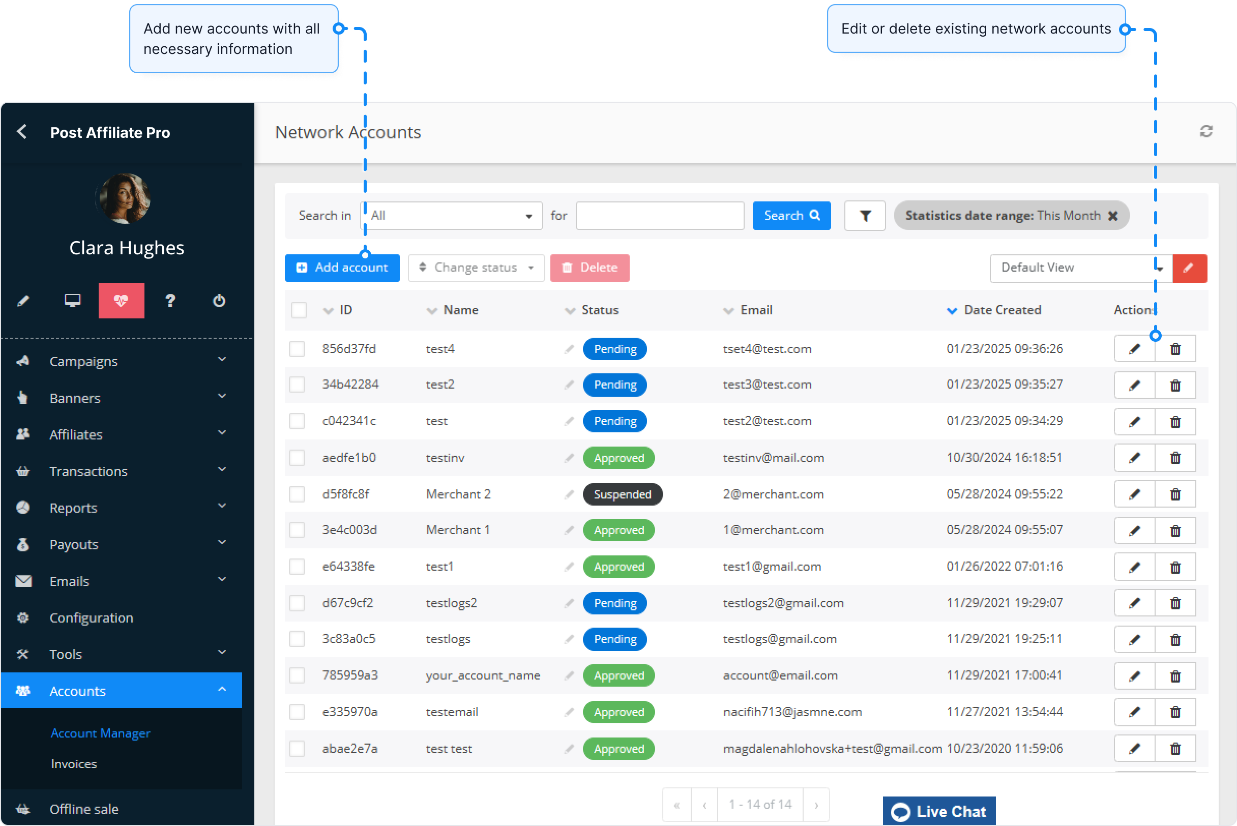 Visão geral do recurso de contas de rede no Post Affiliate Pro.