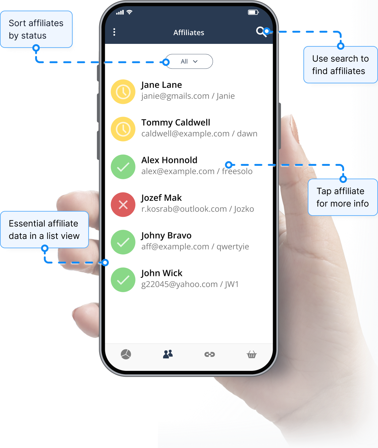Visão geral do recurso de gestão de afiliados no aplicativo móvel Post Affiliate Pro.