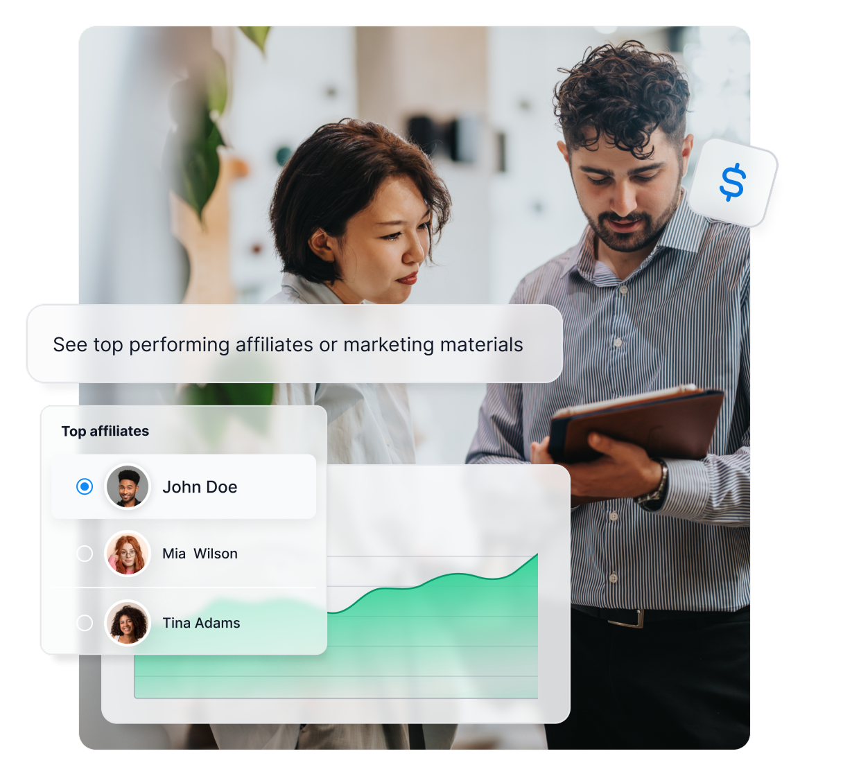 Funcionalidade de relatórios de afiliados no Post Affiliate Pro mostrando os melhores afiliados, desempenho de banners e métricas de sucesso de campanhas.