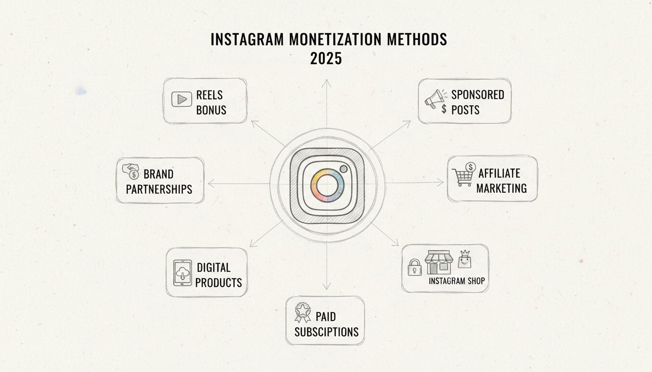 Diagrama dos métodos de monetização do Instagram mostrando 8 diferentes fontes de receita conectadas ao logo central do Instagram